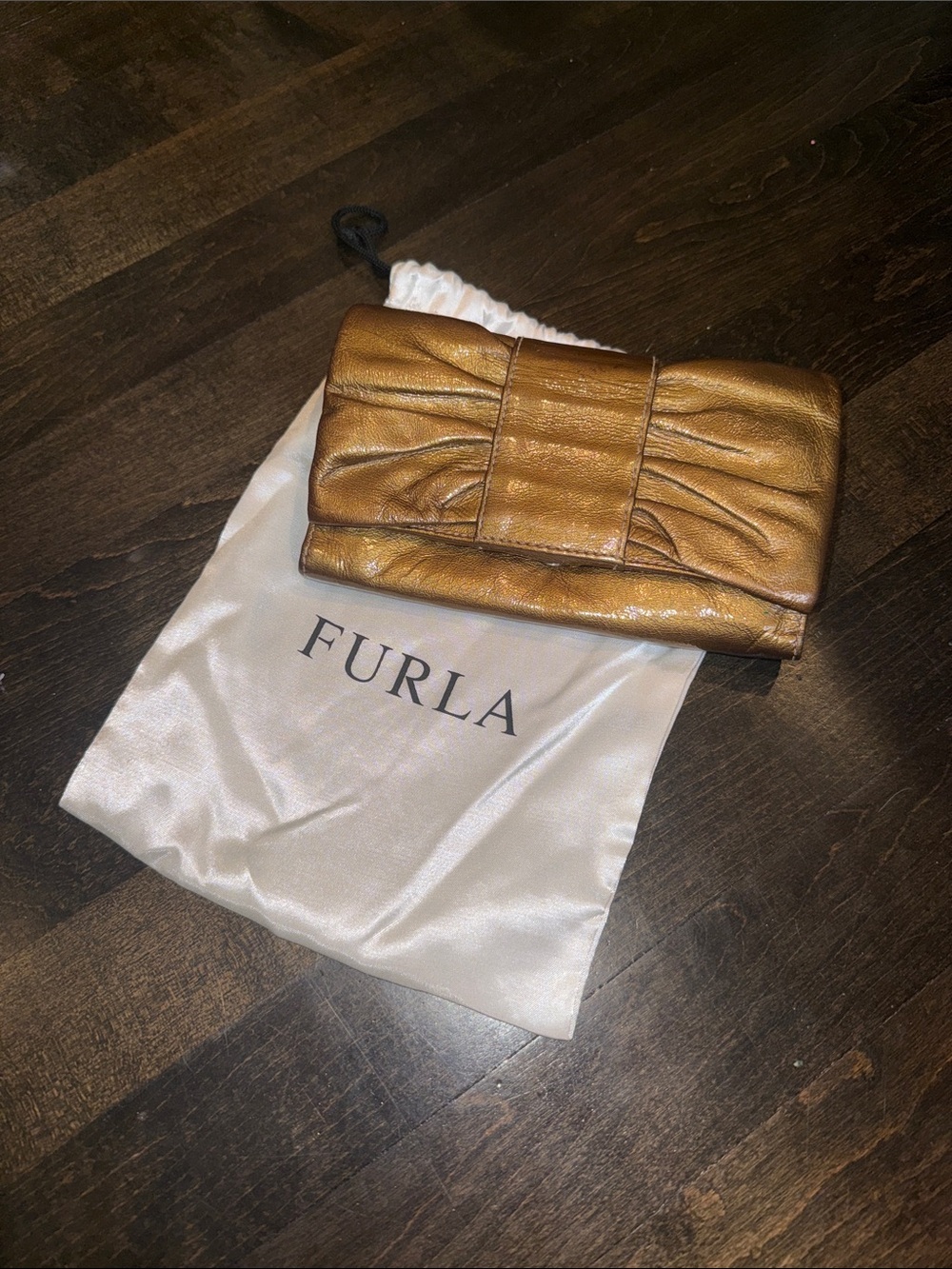 Furla Metallic Bronze Leather Ruched Clutch